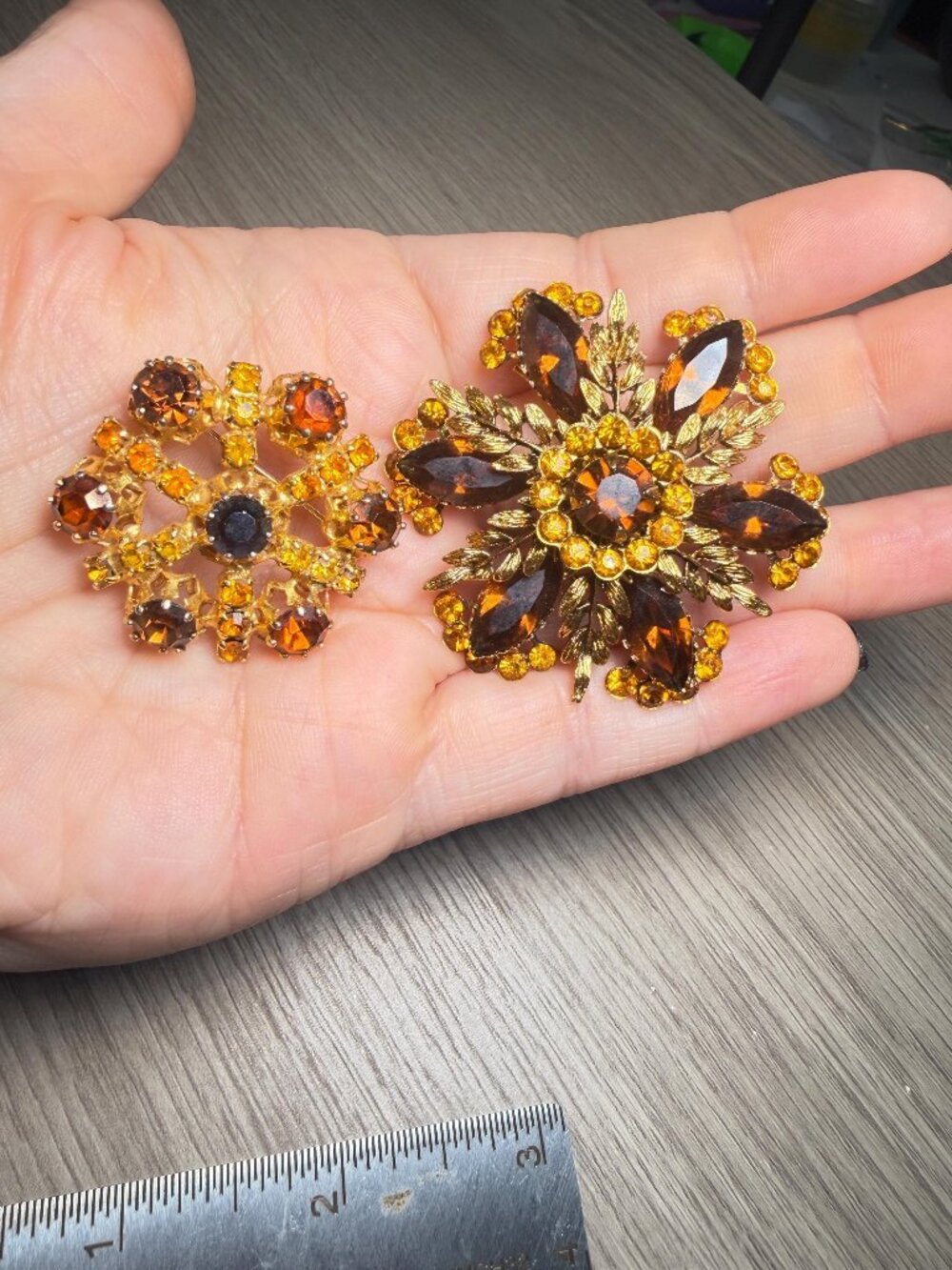Vintage Amber Rhinestone Flower Brooch Set Gold Tone Domed Layered Floral